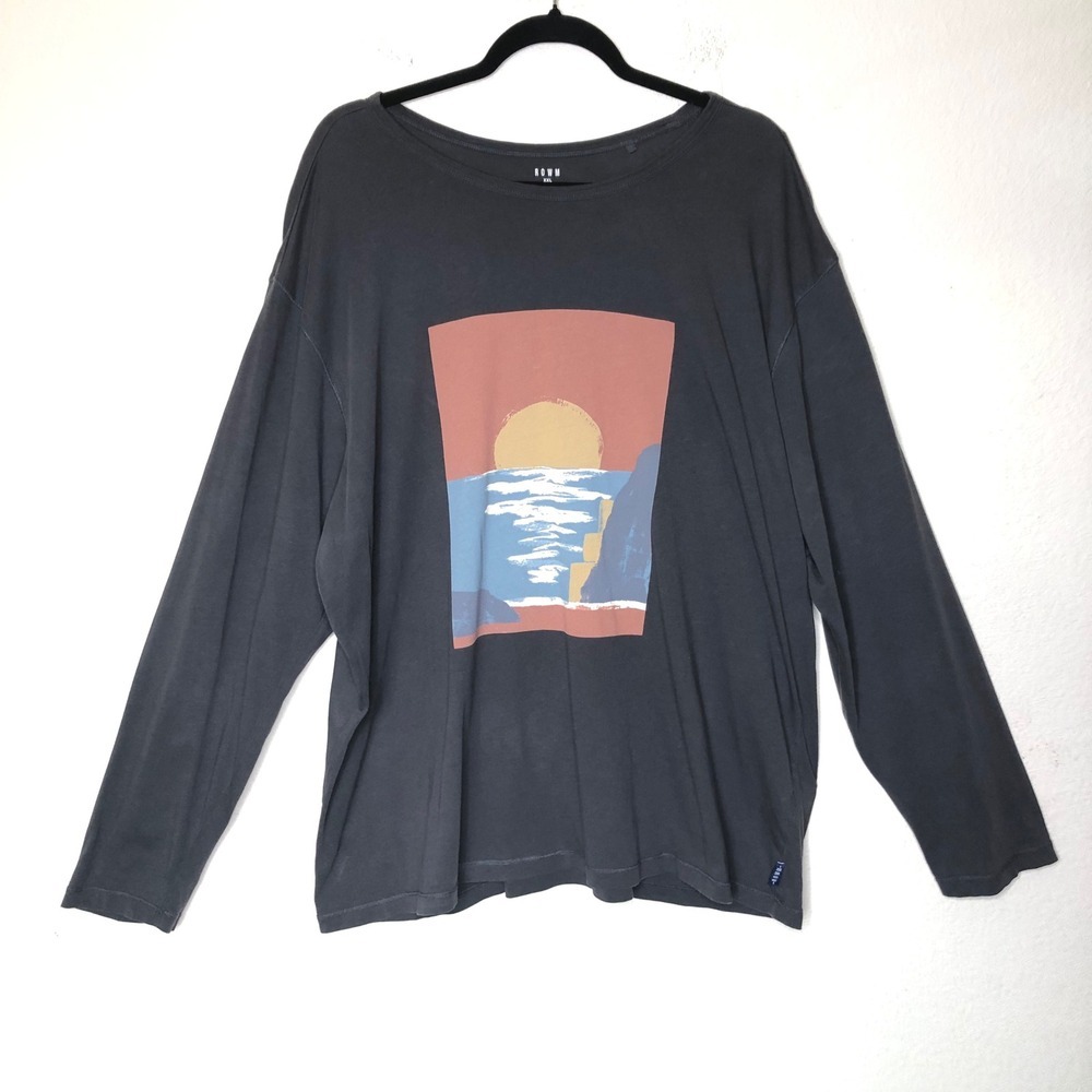 ROWM XXL Graphic Long Sleeve T Shirt Coastal Sunset‎ Print Oversized Casual Tee
